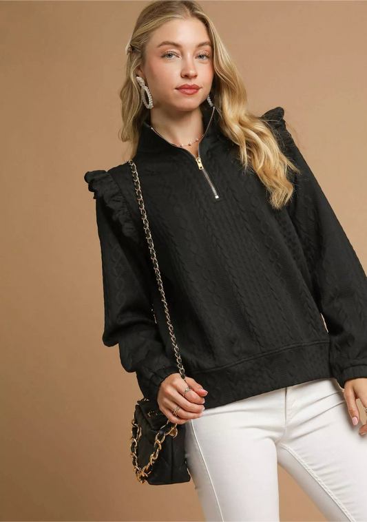 Cable Knit Textured Pullover with Ruffle Shoulders