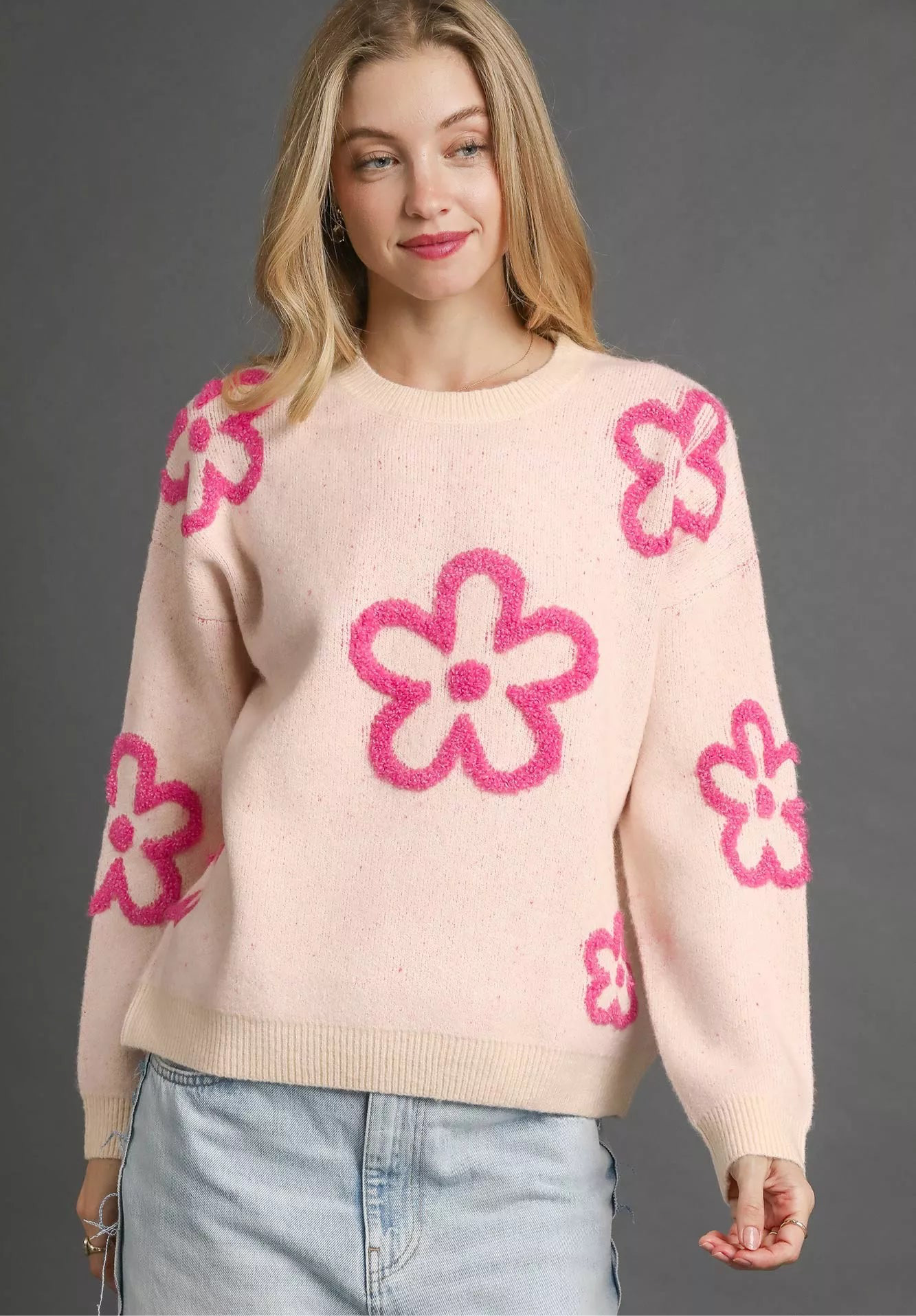 Round Neck Sweater with Pink Floral Accents
