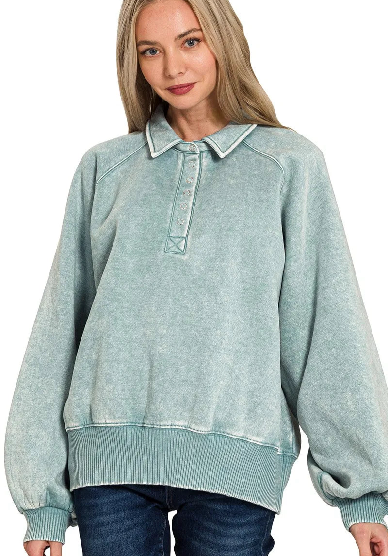 Acid Wash Fleece Collared Sweatshirt