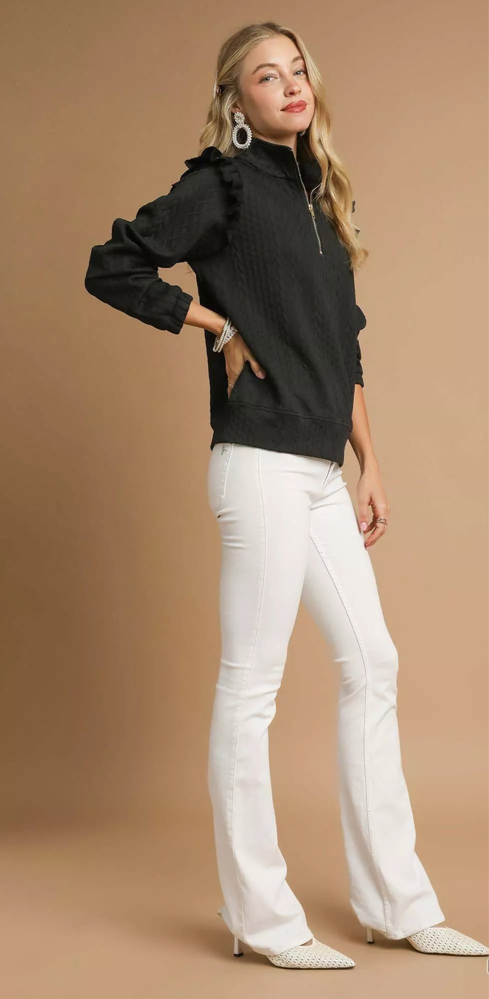 Cable Knit Textured Pullover with Ruffle Shoulders