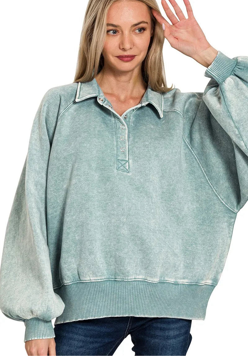 Acid Wash Fleece Collared Sweatshirt
