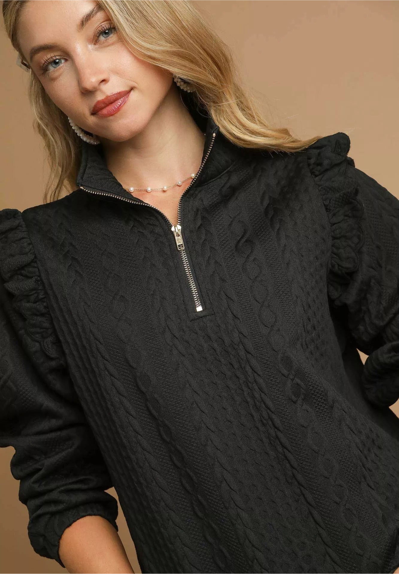 Cable Knit Textured Pullover with Ruffle Shoulders