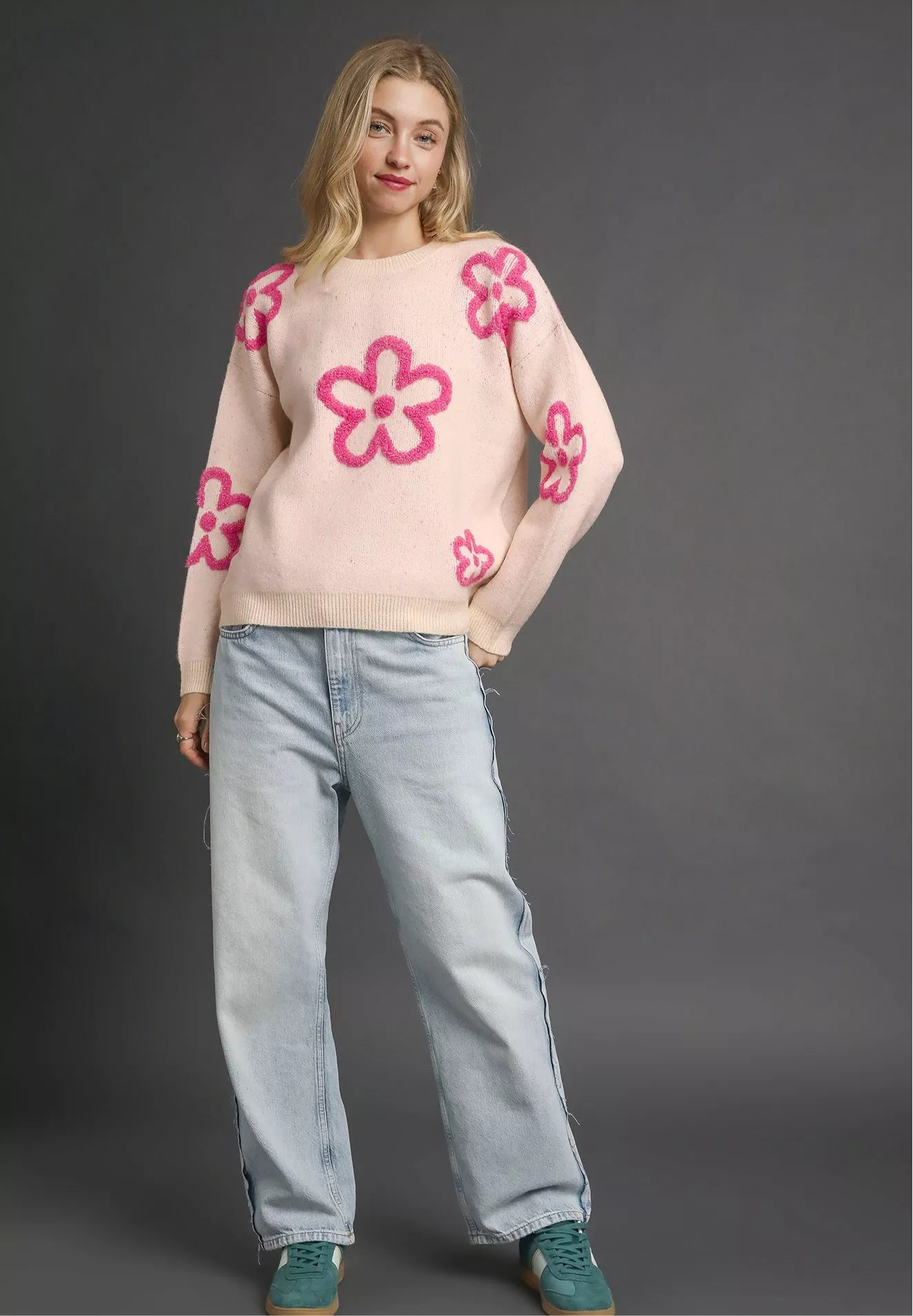 Round Neck Sweater with Pink Floral Accents
