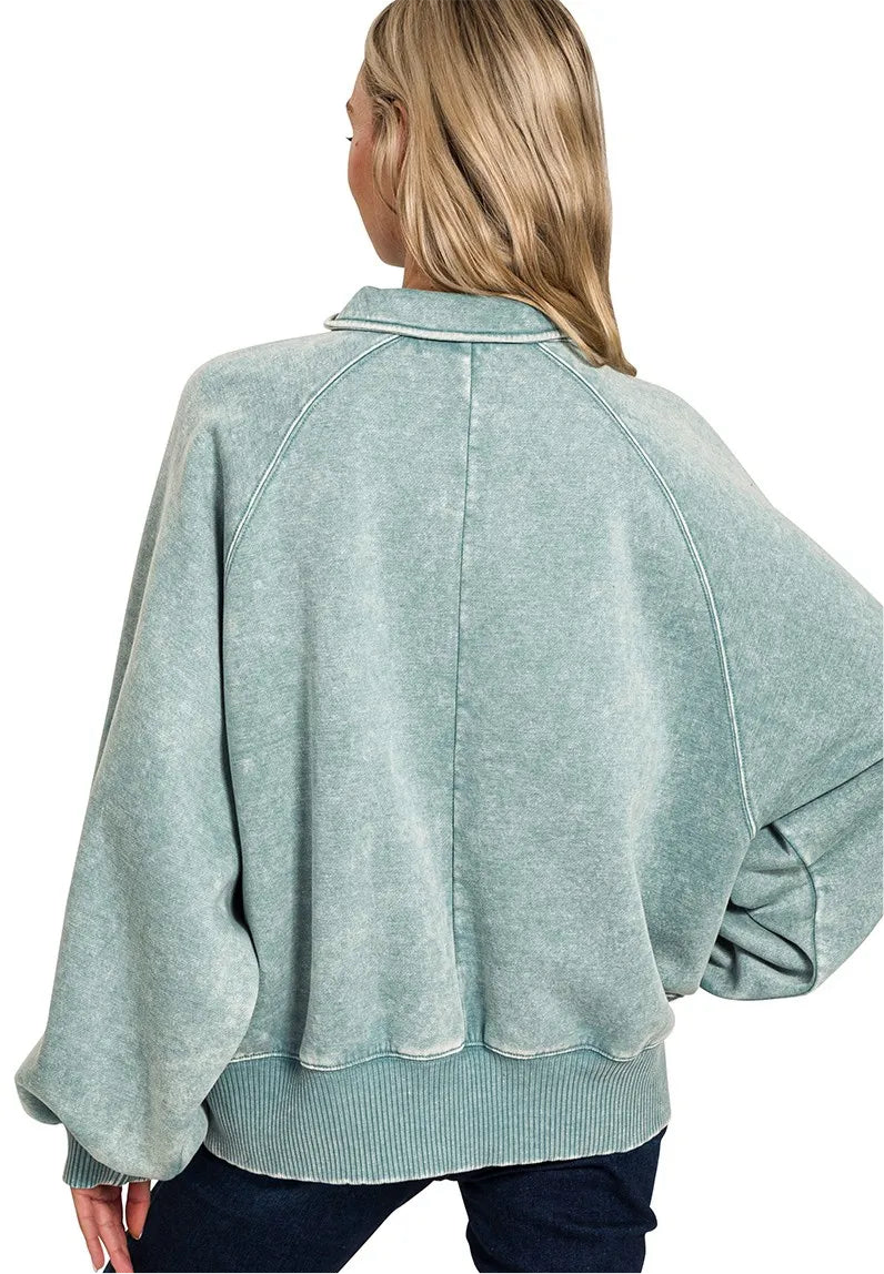 Acid Wash Fleece Collared Sweatshirt