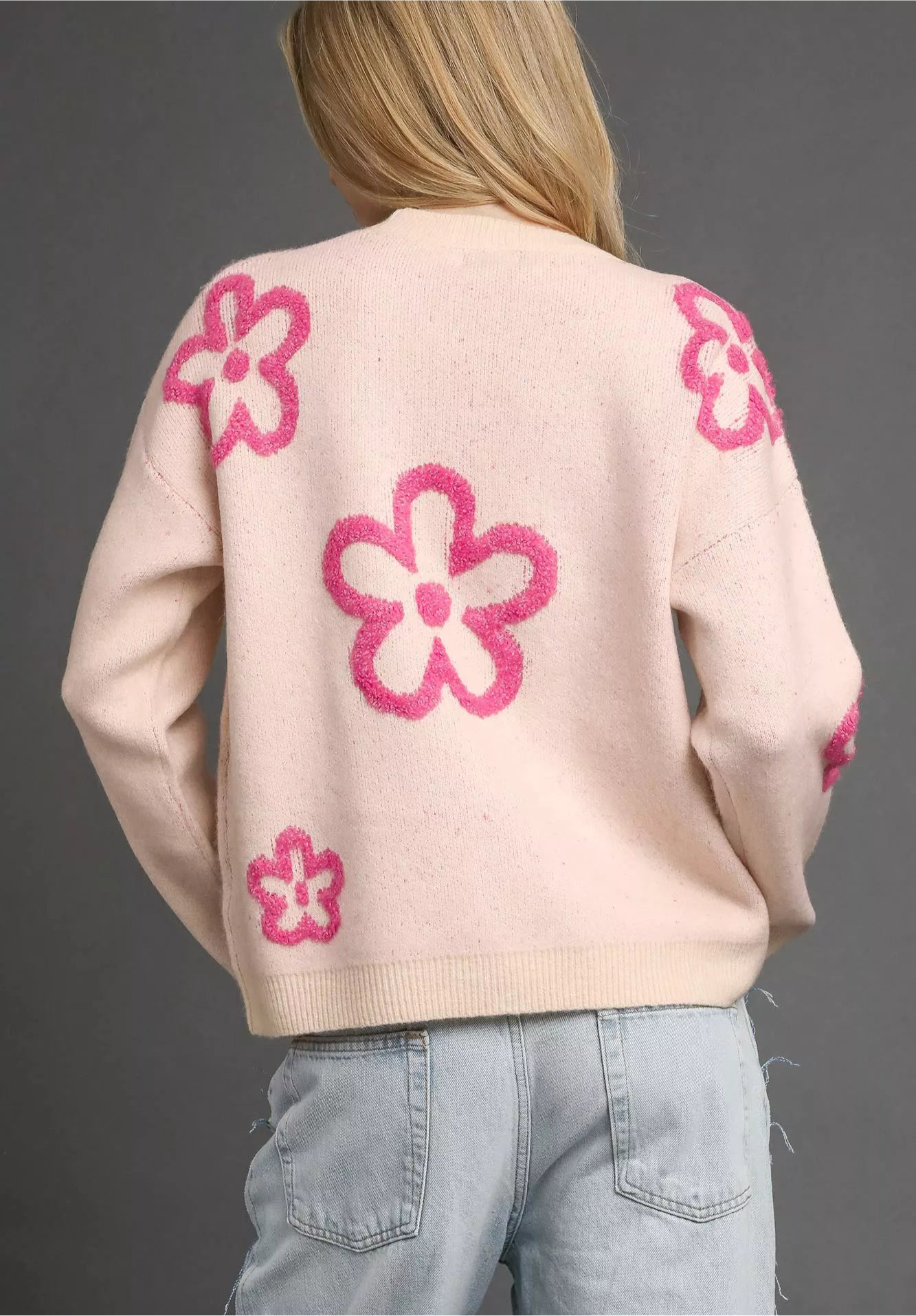 Round Neck Sweater with Pink Floral Accents