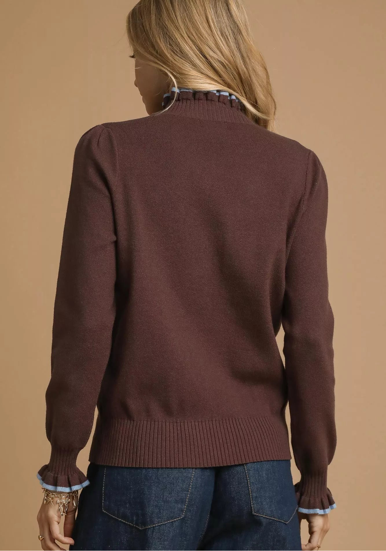 Ribbed Round Neck Sweater with Ruffle Contrast Trim