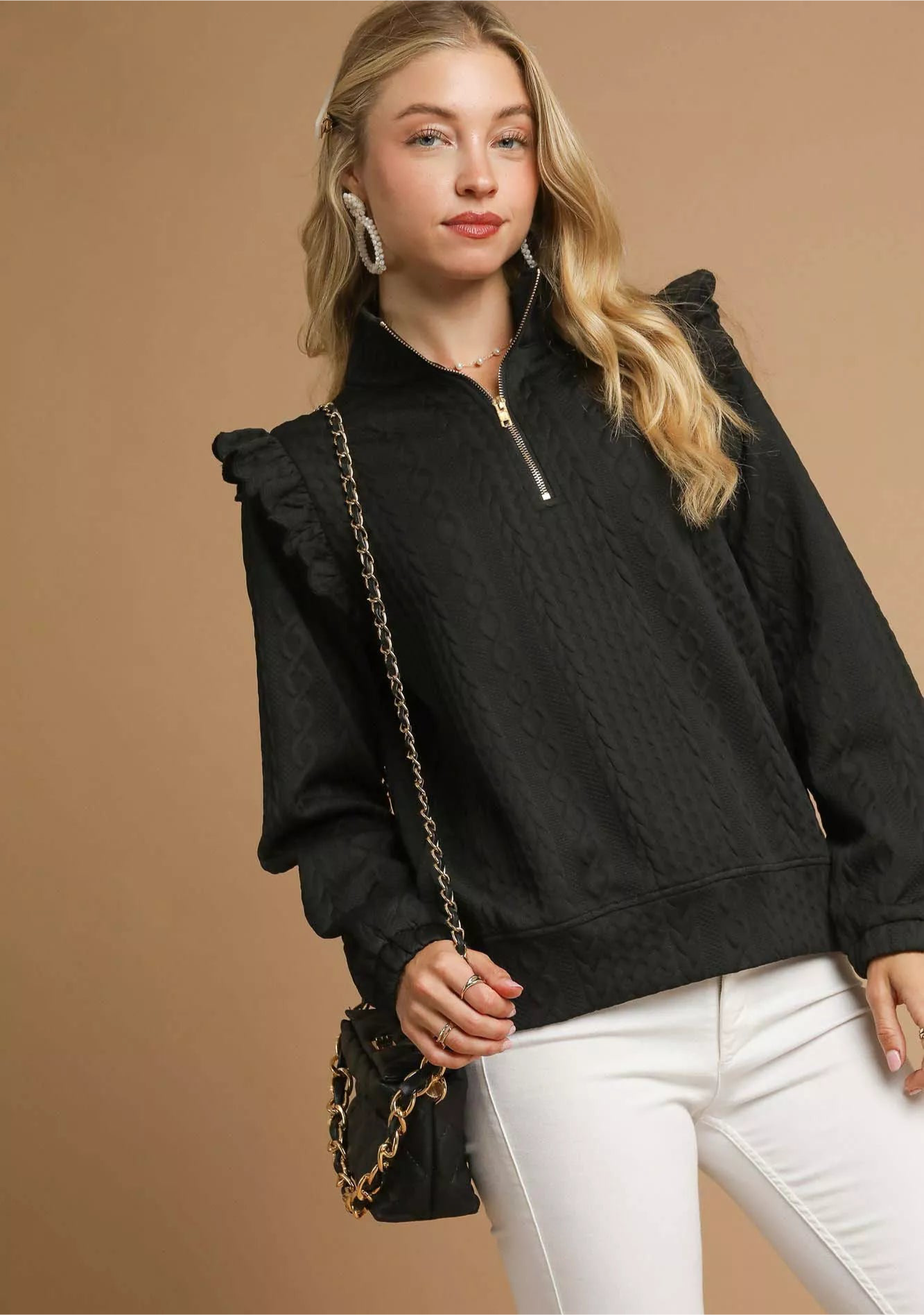 Cable Knit Textured Pullover with Ruffle Shoulders