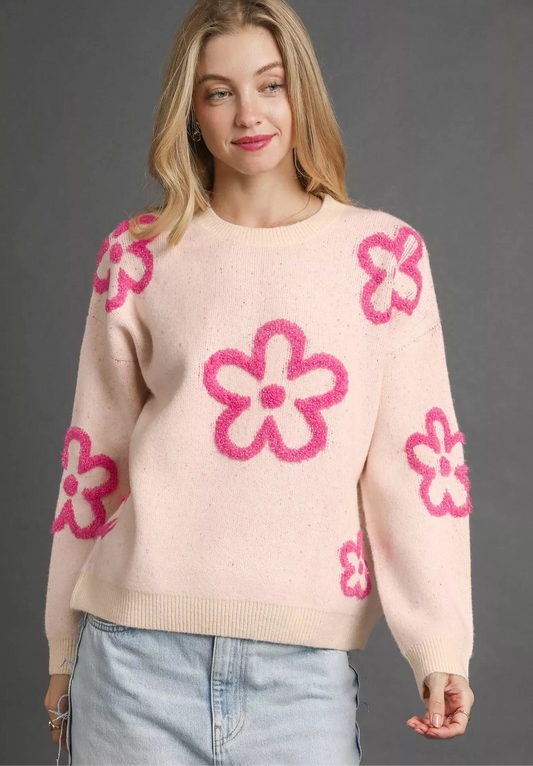 Round Neck Sweater with Pink Floral Accents