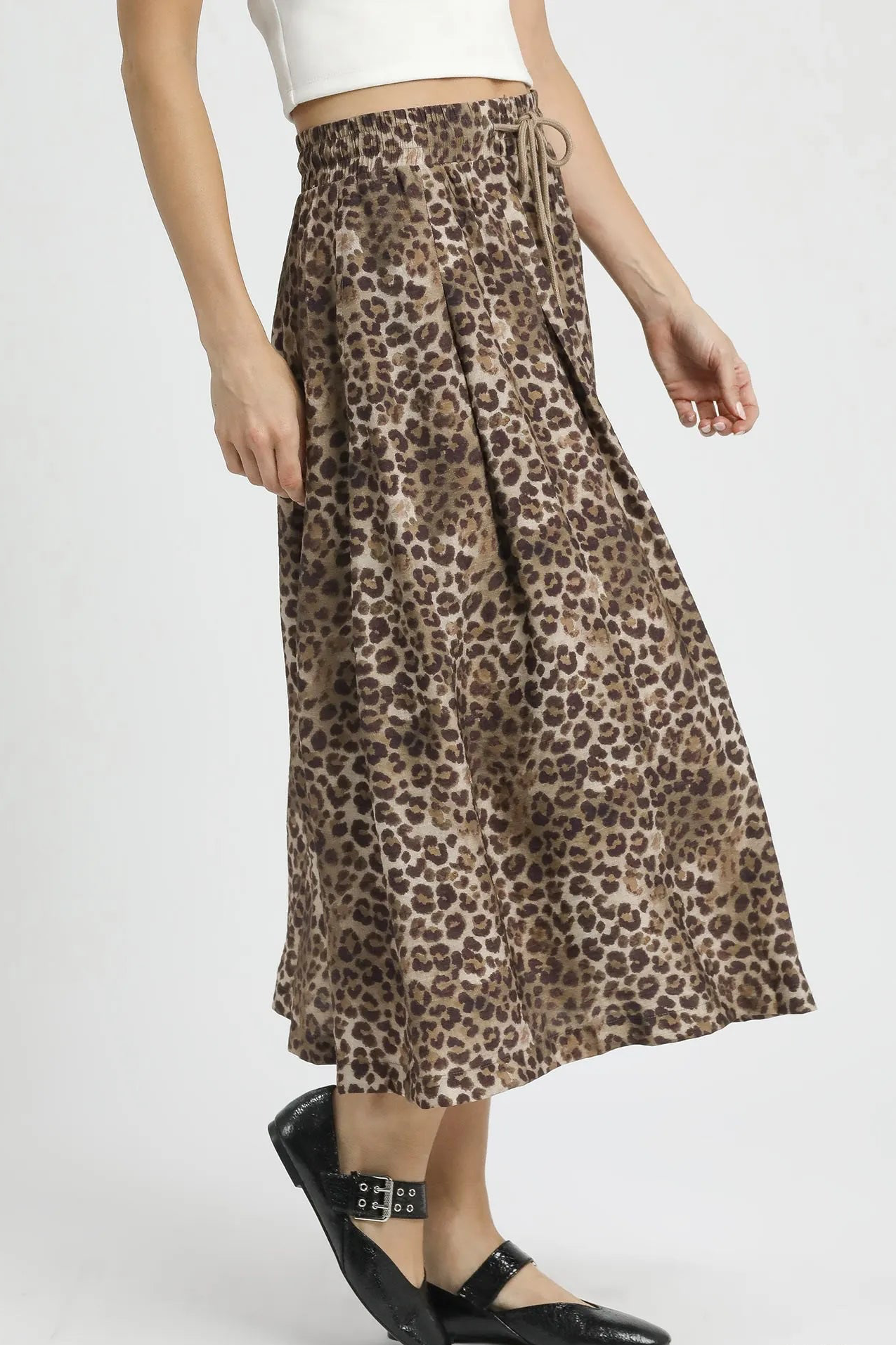Drawstring Leopard Midi Skirt