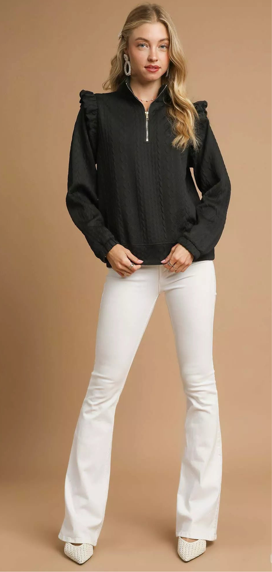 Cable Knit Textured Pullover with Ruffle Shoulders
