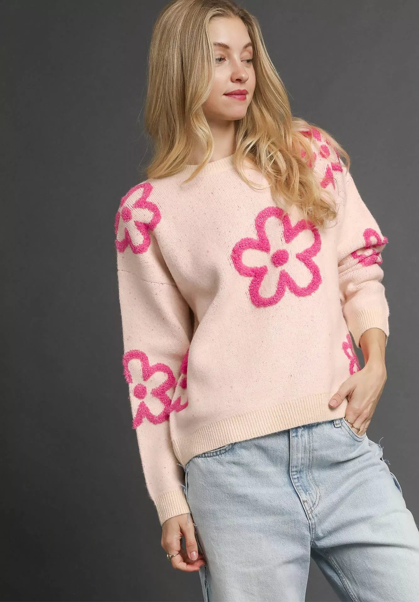 Round Neck Sweater with Pink Floral Accents