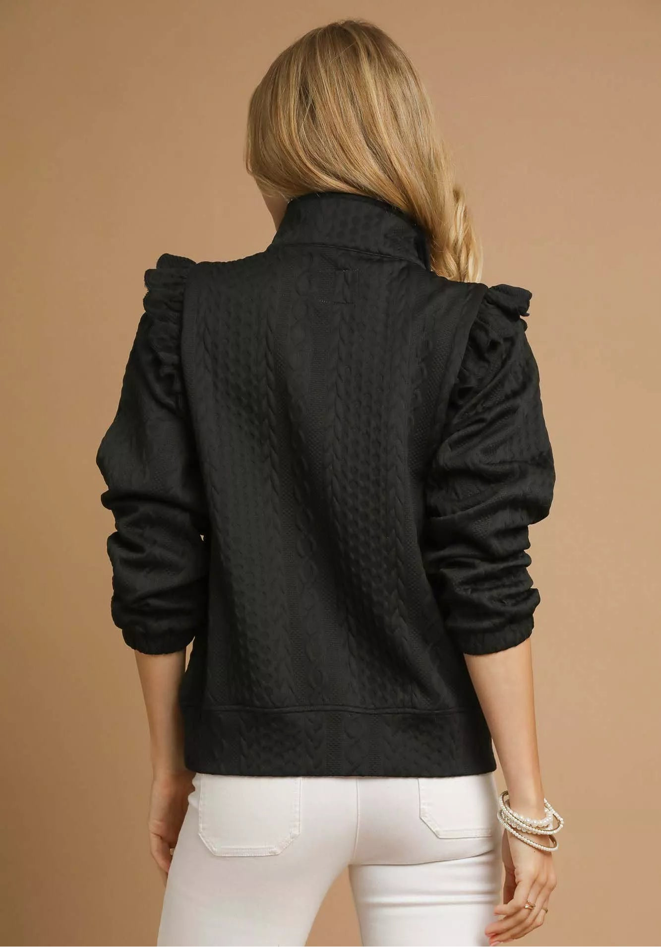 Cable Knit Textured Pullover with Ruffle Shoulders