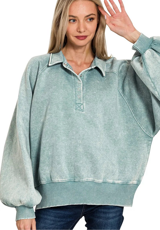 Acid Wash Fleece Collared Sweatshirt