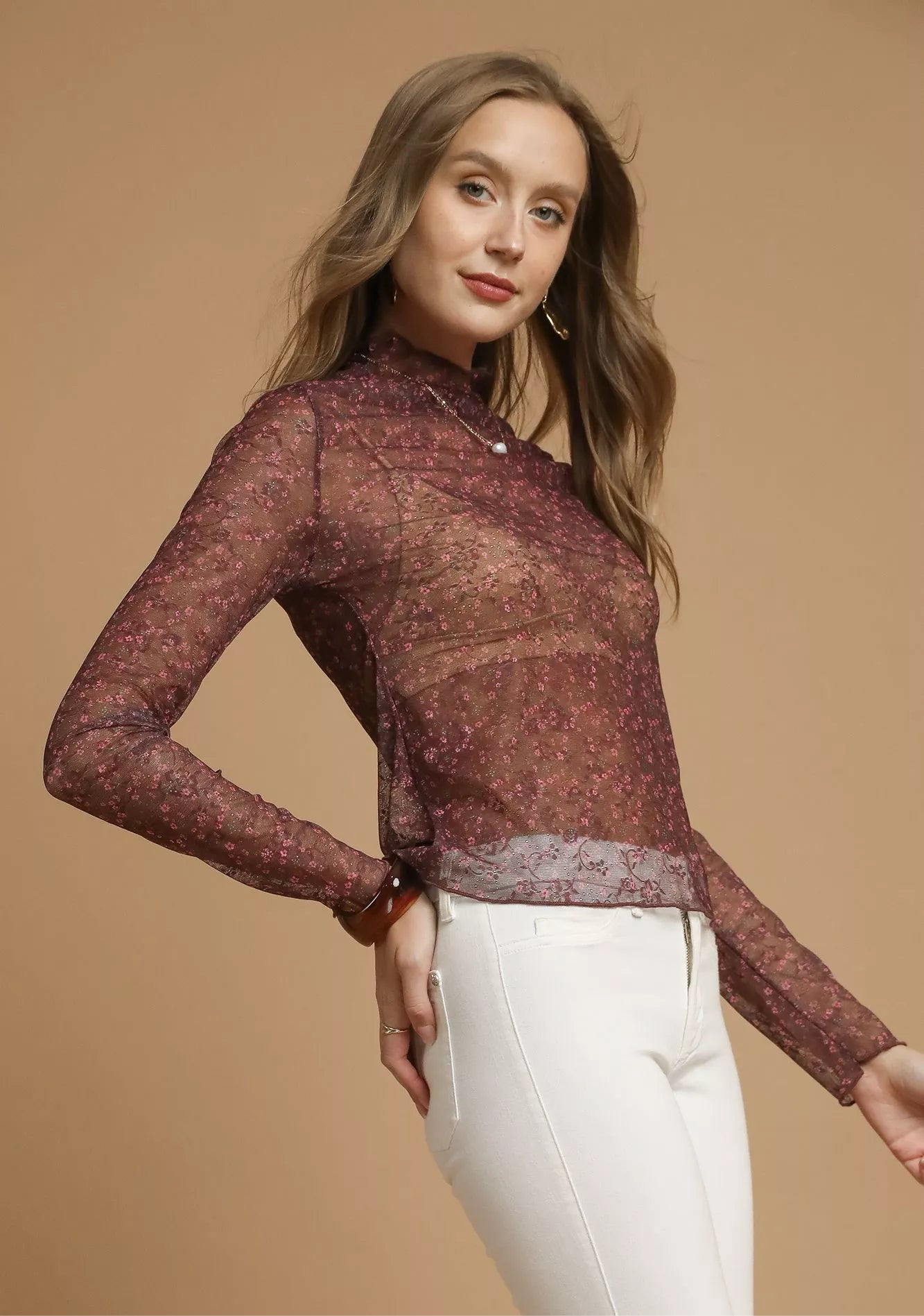 Nylon Lace Mesh Long Sleeve Top