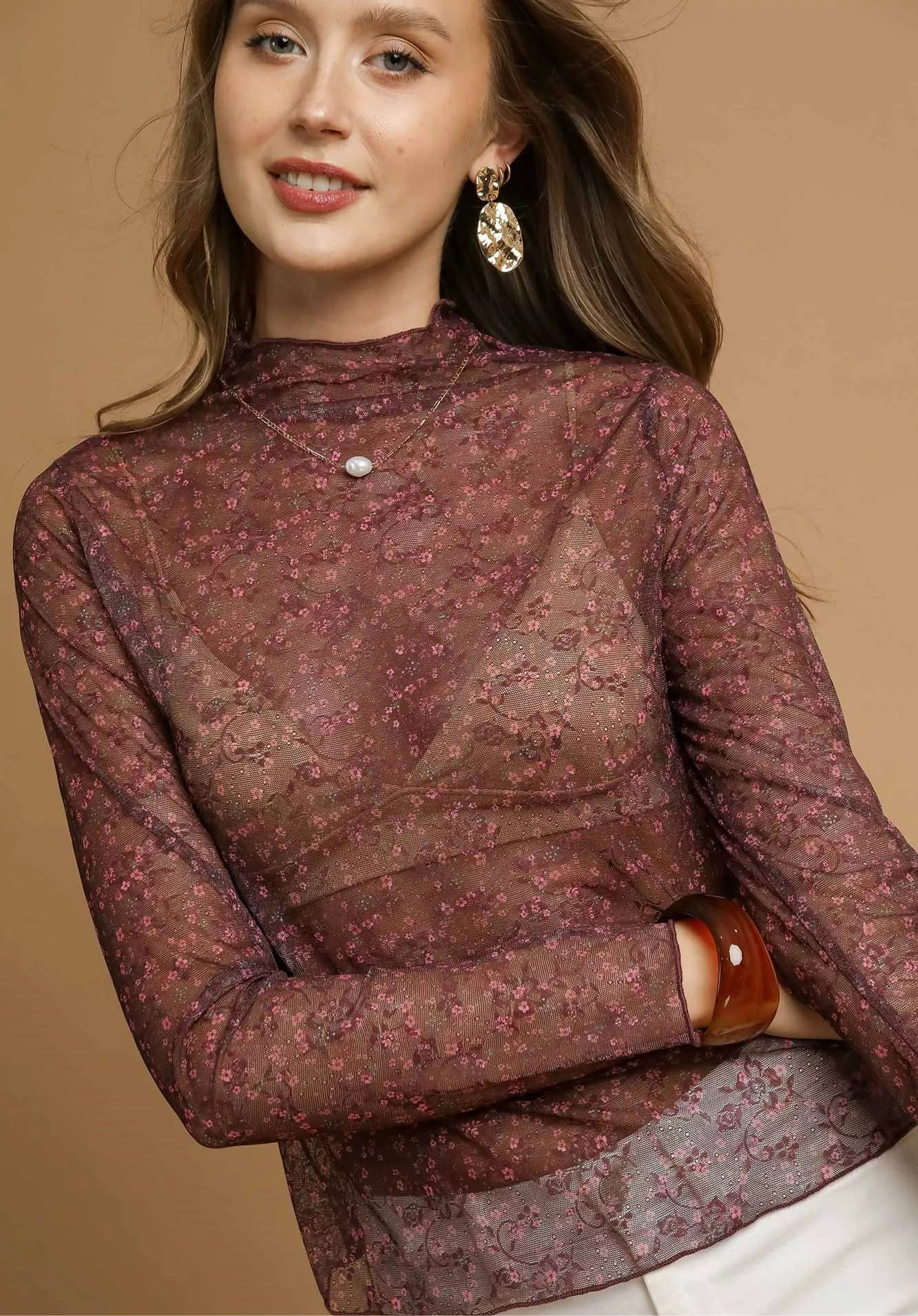 Nylon Lace Mesh Long Sleeve Top