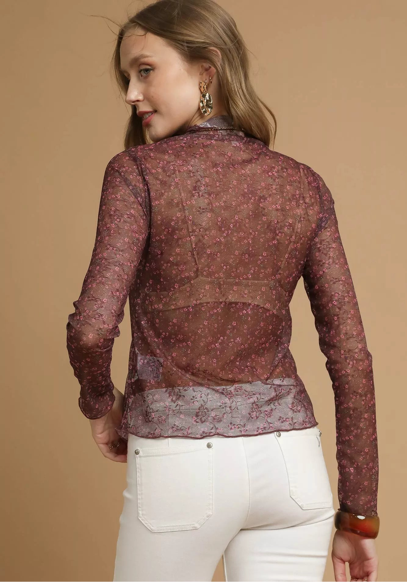 Nylon Lace Mesh Long Sleeve Top